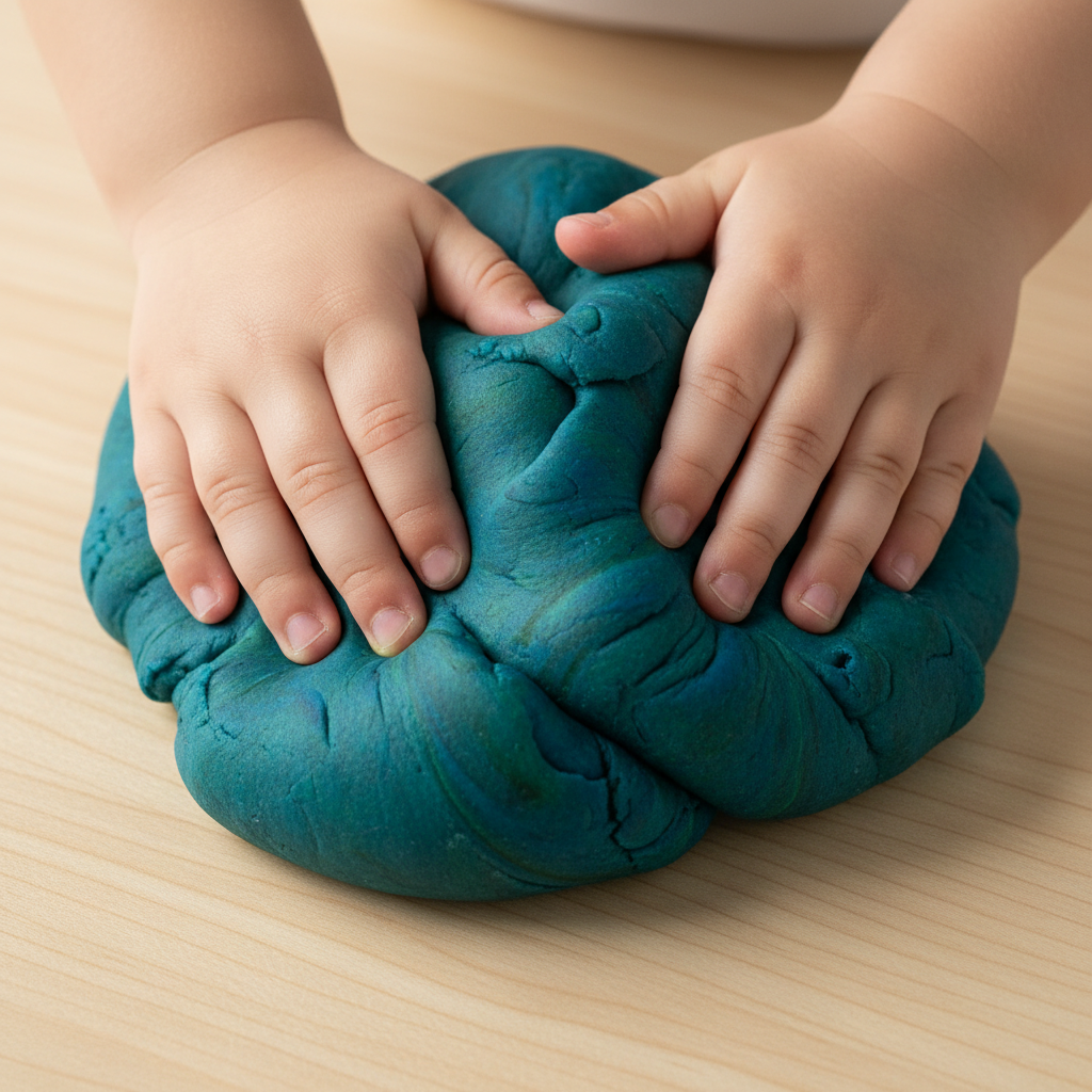 Zwei Kinderhände kneten intensiv grünen oder blauen Teig, um Stress abzubauen und Fokus durch Sensorisches Spiel zu fördern.