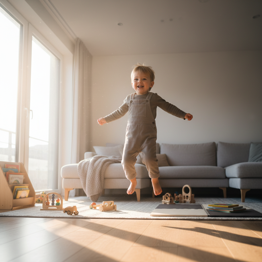 Dynamisches Bild eines lachenden Kleinkindes, das mitten in einem gemütlichen Wohnzimmer voller Freude in die Luft springt, symbolisierend die Energieableitung durch ein DIY Hüpfbett.