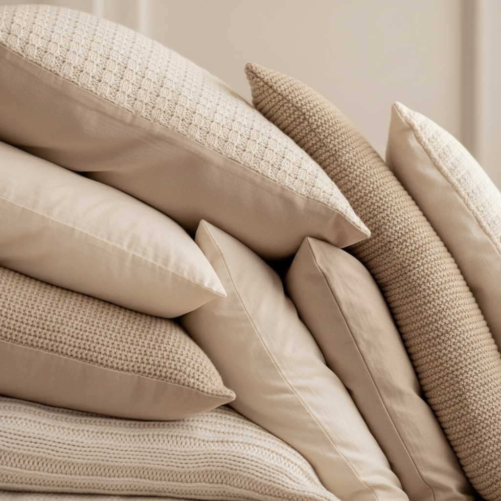 Nahaufnahme einer weichen Konstruktion aus gestapelten Kissen und Decken, die die sichere Umrandung für das selbstgebaute DIY Hüpfbett darstellt.