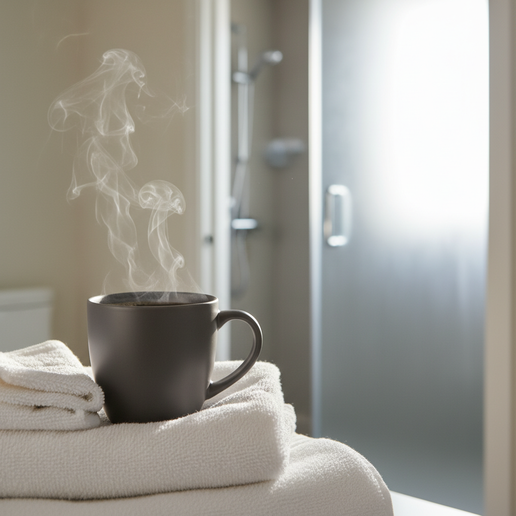 Eine dampfende Tasse Kaffee auf einem Handtuchstapel im sonnendurchfluteten Bad, symbolisiert die gewonnene Ruhe und 30 Minuten Freiheit dank des Badewannen-Pool Kleinkind Hacks.