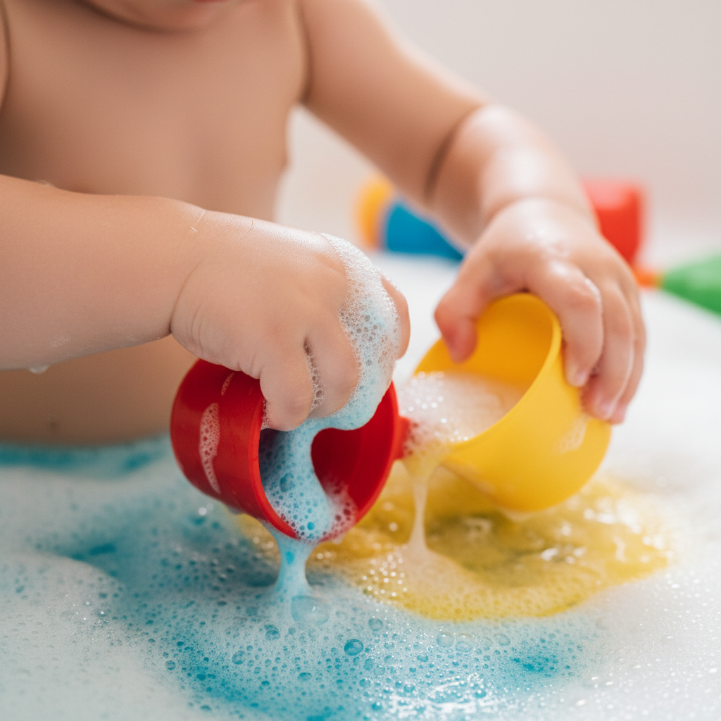 Nahaufnahme von Kleinkindhänden beim Schöpfen von buntem Schaumwasser, welches die Motorik und Konzentration beim Badewannen-Pool Kleinkind fördert.