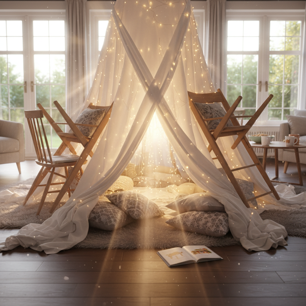 Ein gemütliches, magisches Deckenfort, gebaut aus Stühlen und Kissen, beleuchtet durch eine warme Lichterkette, symbolisiert kreative **Indoor-Aktivitäten für Kleinkinder**.
