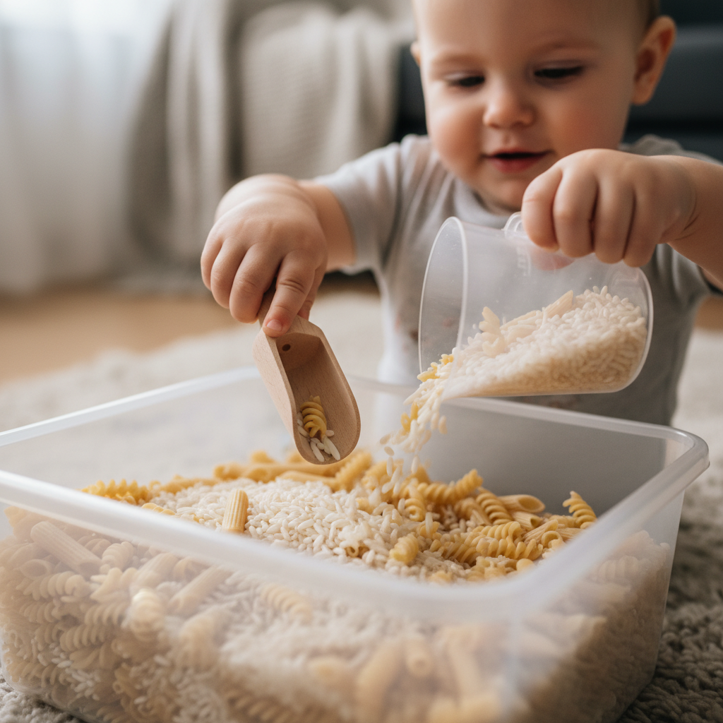 Nahaufnahme der Hände eines Kindes beim Schöpfen von Reis und Nudeln in einer Sensorik-Box, eine einfache und fesselnde **Indoor-Aktivität für Kleinkinder** zur Förderung der Feinmotorik.