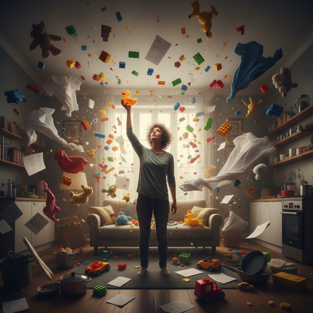 Visuell beeindruckende Darstellung des elterlichen Überlebens im Chaos, symbolisiert durch einen einfachen Haushaltsgegenstand, der als geniale Lösung für stressige Situationen im **Unhinged Hacks**-Stil dient.