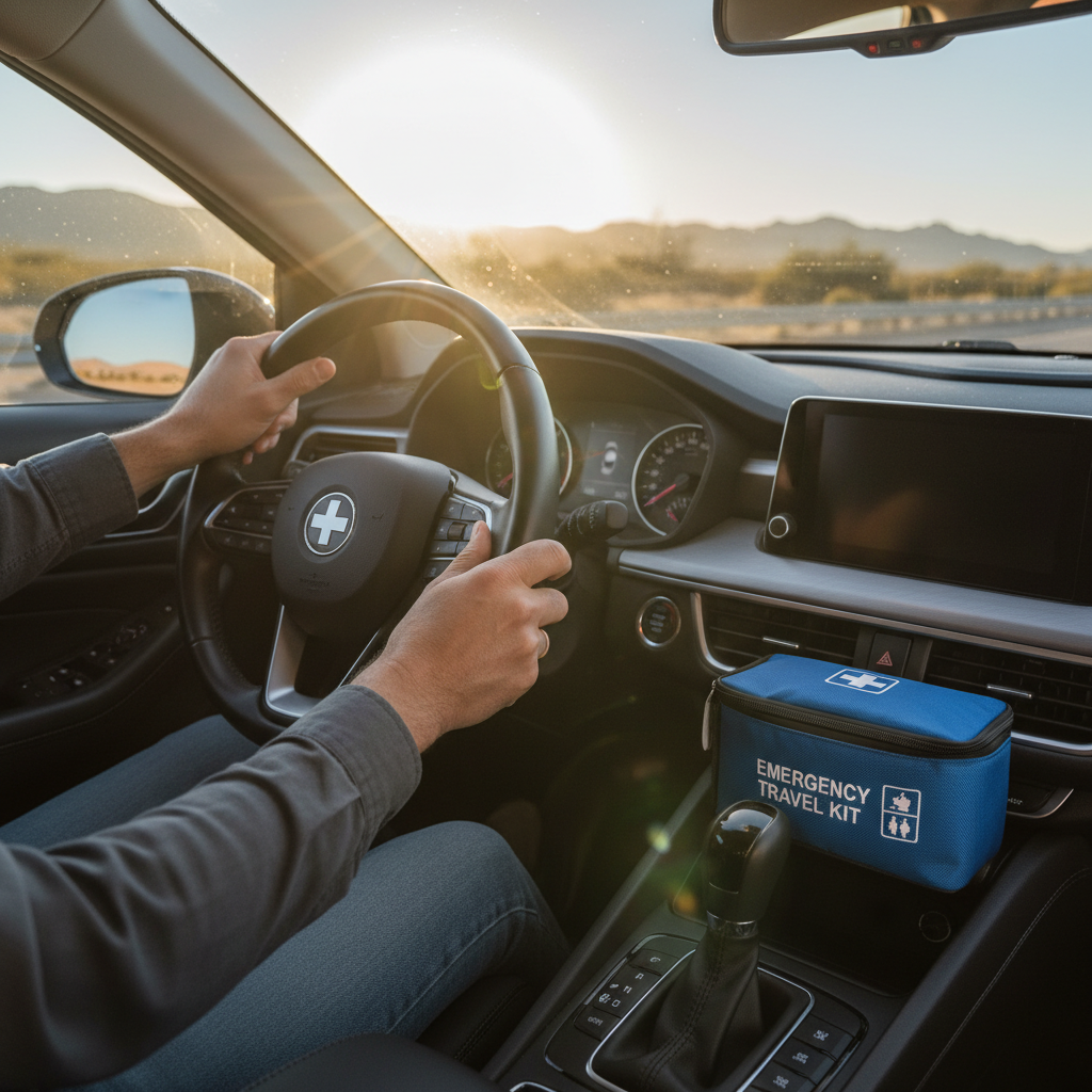 Nahaufnahme der Hand eines Elternteils, die das Lenkrad auf einer sonnigen Autobahn festhält. Im Zentrumskonsole liegt ein Notfall-Kit, das die Wichtigkeit des Notfall-Töpfchen Kindersitz für entspannte Reisen symbolisiert.