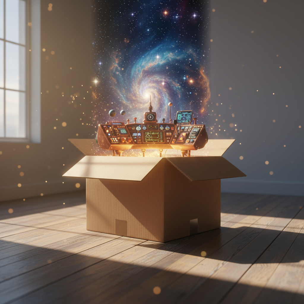 Ein großer Pappkarton, dessen Inneres sich in ein fantastisches, leuchtendes Raumschiff verwandelt, symbolisiert die grenzenlose Kreativität eines Pappkarton Spielzeugs.