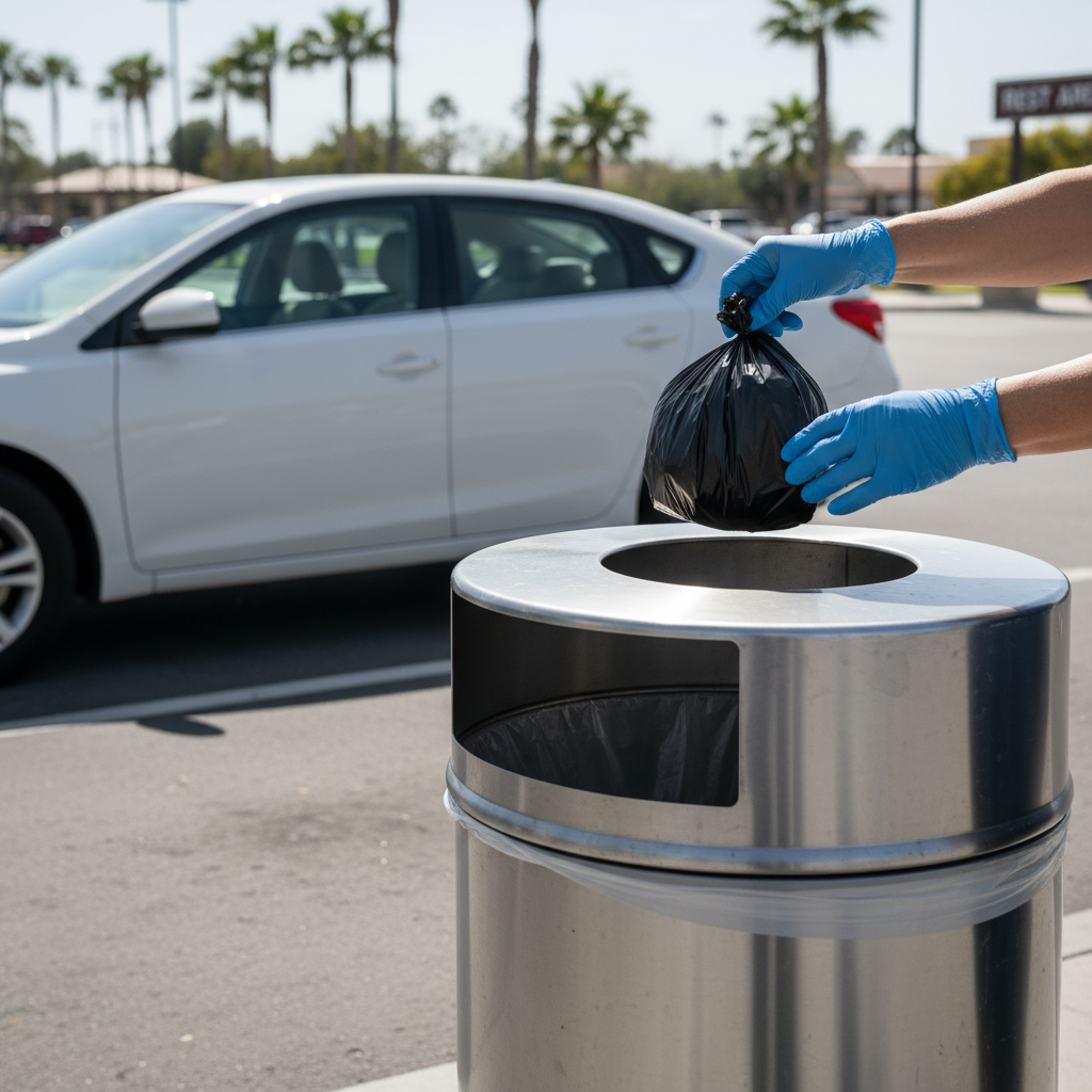 Darstellung der hygienischen Entsorgung eines dicht verschlossenen Beutels an einer Raststätte, nachdem das Notfall-Töpfchen Kindersitz erfolgreich verwendet wurde.