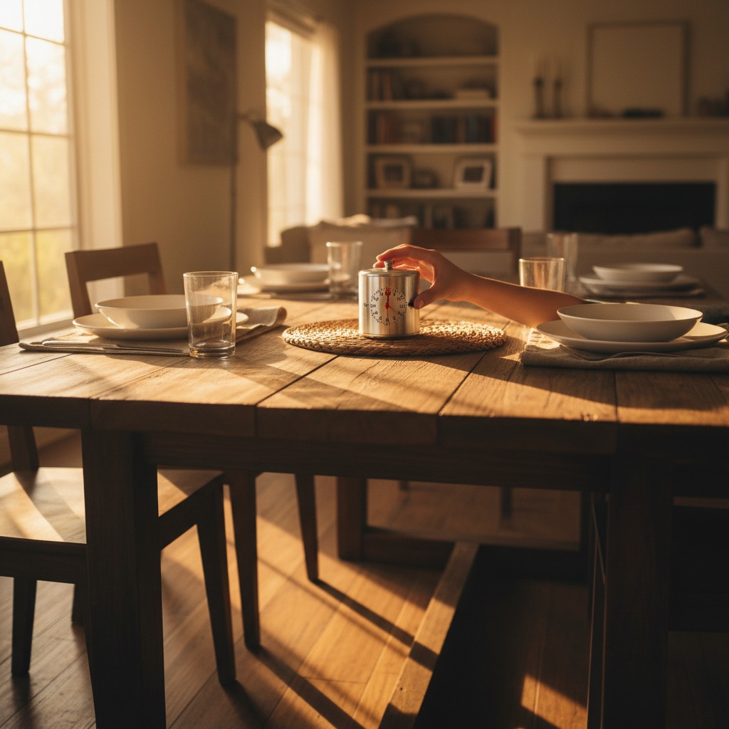 Ein friedlicher Familientisch bei Sonnenuntergang, der die Keine-Diskussions-Zonen und wichtige Bildschirmzeit Regeln darstellt, um Ablenkung zu vermeiden.