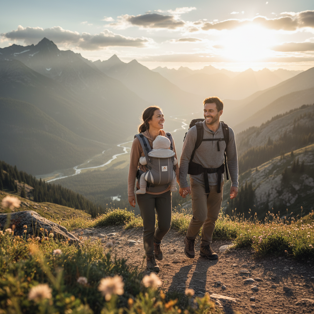 Junge Eltern genießen entspannt einen Tagesausflug in den Bergen, während sie ihr Baby stressfrei unterwegs füttern. Die Szene symbolisiert Freiheit und gute Organisation.