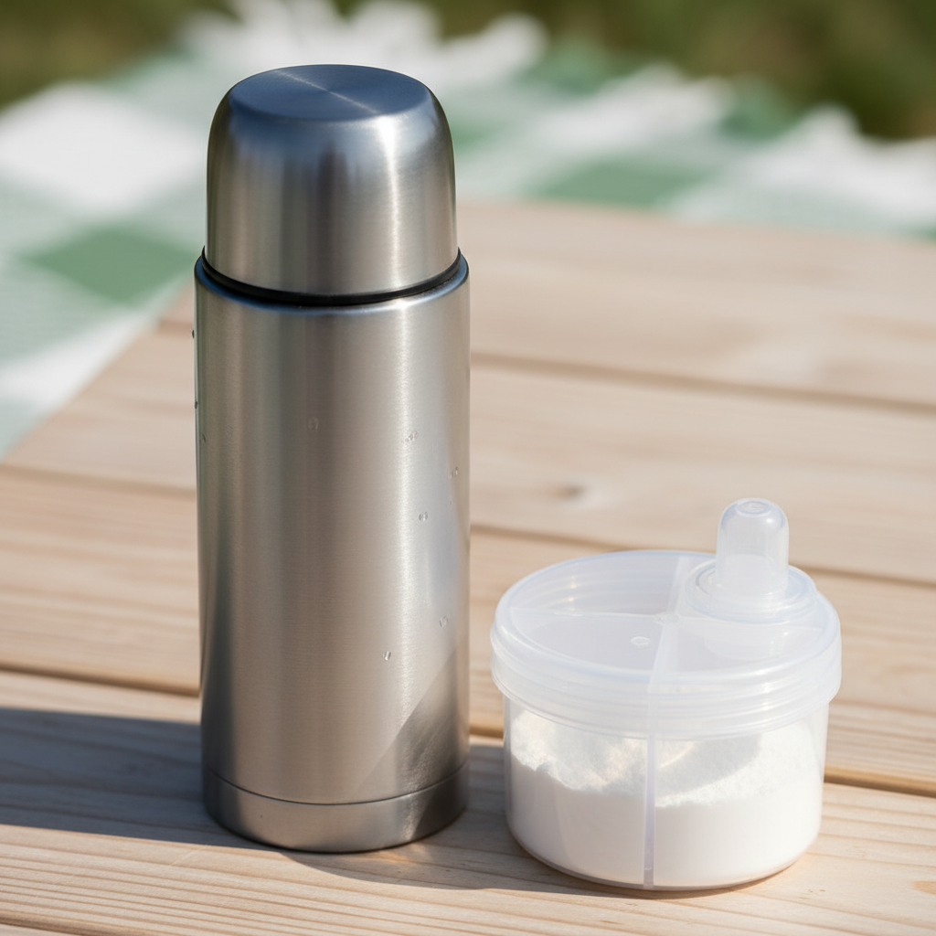 Nahaufnahme einer gut isolierten Thermoskanne und eines Milchpulver-Portionierers, die die Grundlage für das Baby stressfrei unterwegs füttern bilden.