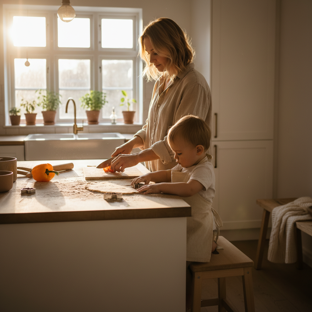 Nahaufnahme eines Kleinkindes, das sicher und selbstständig in der Küche mitarbeitet, was die Vorteile eines Lernturms für die Eltern-Kind-Beziehung zeigt.