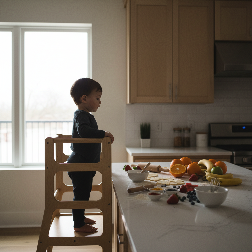 Symbolische Darstellung der neuen Perspektive und Selbstständigkeit eines Kleinkindes auf einer stabilen Plattform, unterstützt durch den Einsatz eines Lernturms.