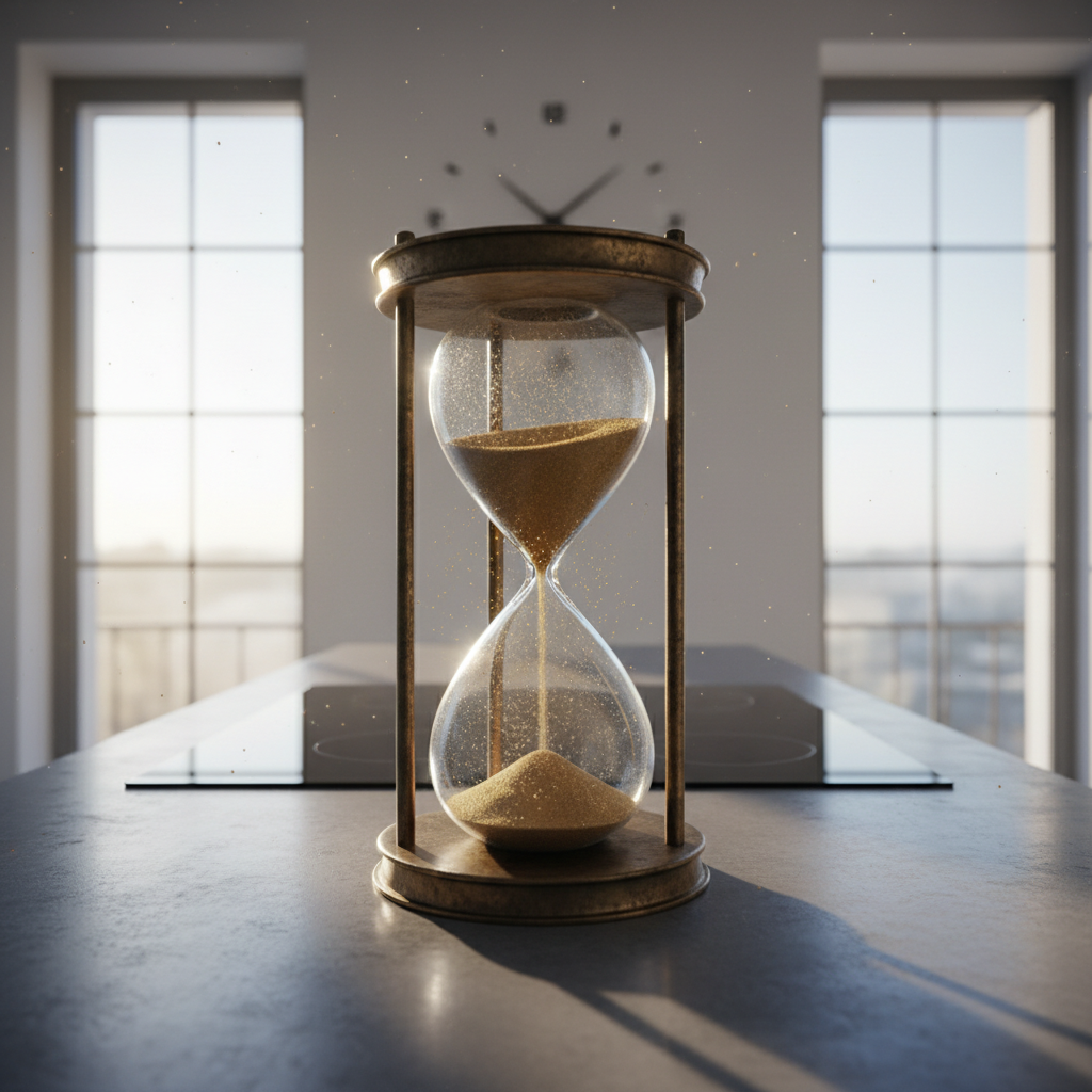 Visuell beeindruckendes Bild einer aufsteigenden Sanduhr auf einer Küchenzeile, symbolisiert die Fähigkeit, Zeit sparen im Eltern-Alltag zu können und Kontrolle über den stressigen Tagesablauf zu gewinnen.