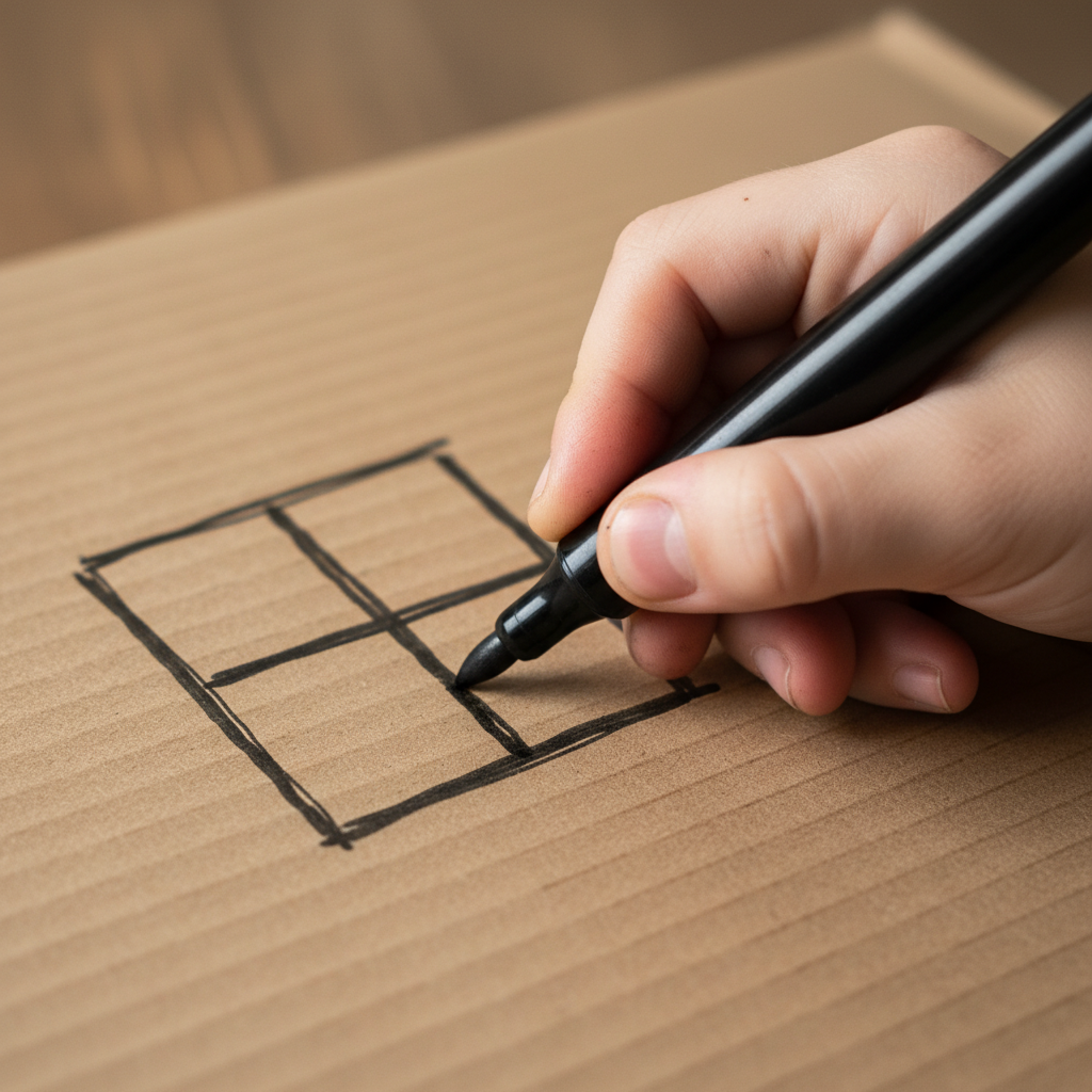 Nahaufnahme einer Kinderhand, die mit einem schwarzen Stift ein Fenster auf einen Pappkarton zeichnet, was die einfache Kreativität des Pappkarton Spielzeugs unterstreicht.