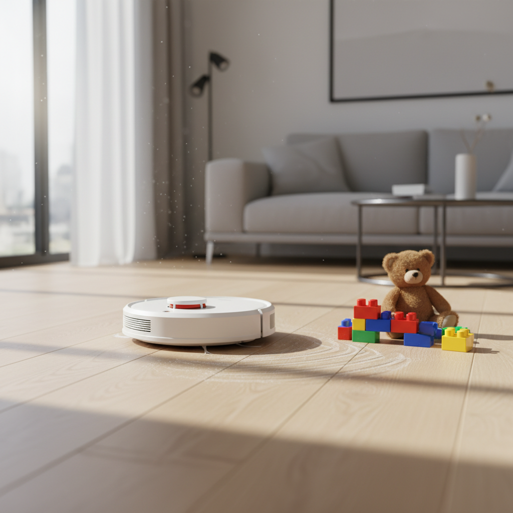 Ein Saugroboter reinigt den Boden eines Wohnzimmers mit Kinderspielzeug, was die Automatisierung von Hausarbeit und das Potenzial, Zeit sparen im Eltern-Alltag zu können, veranschaulicht.