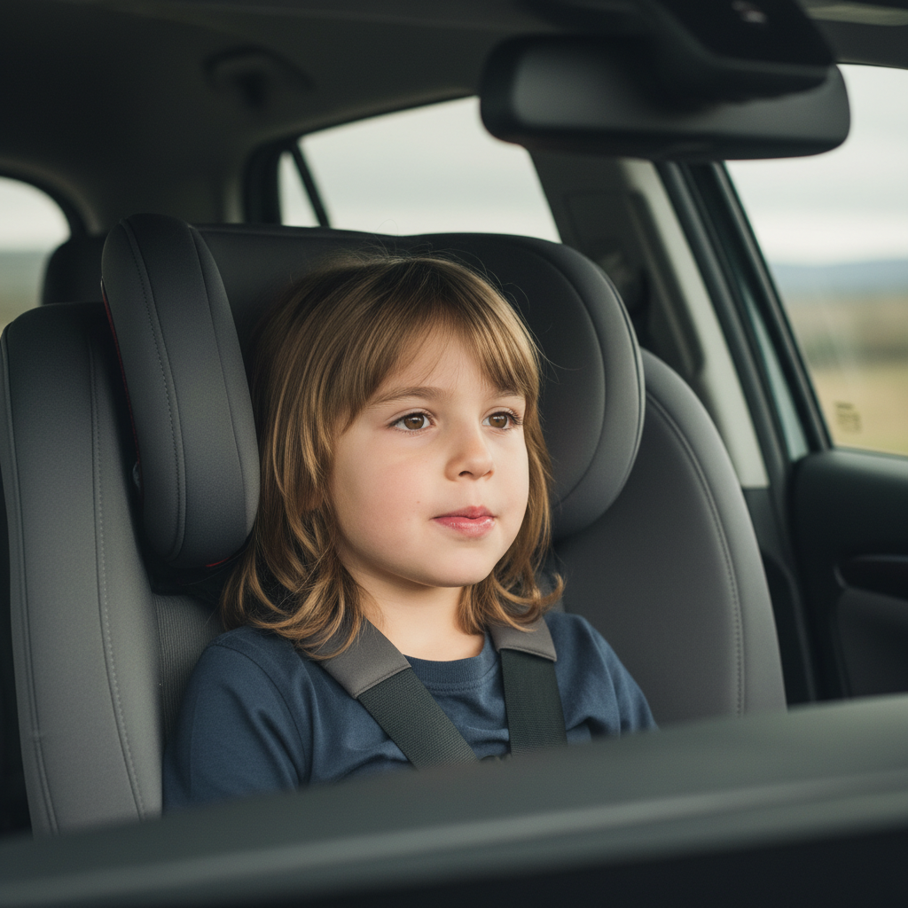 Porträt eines Kindes im Auto, das ruhig den Horizont fixiert und dabei kaut, um Reiseübelkeit bei Kindern mithilfe der sensorischen Anker-Strategie zu vermeiden.