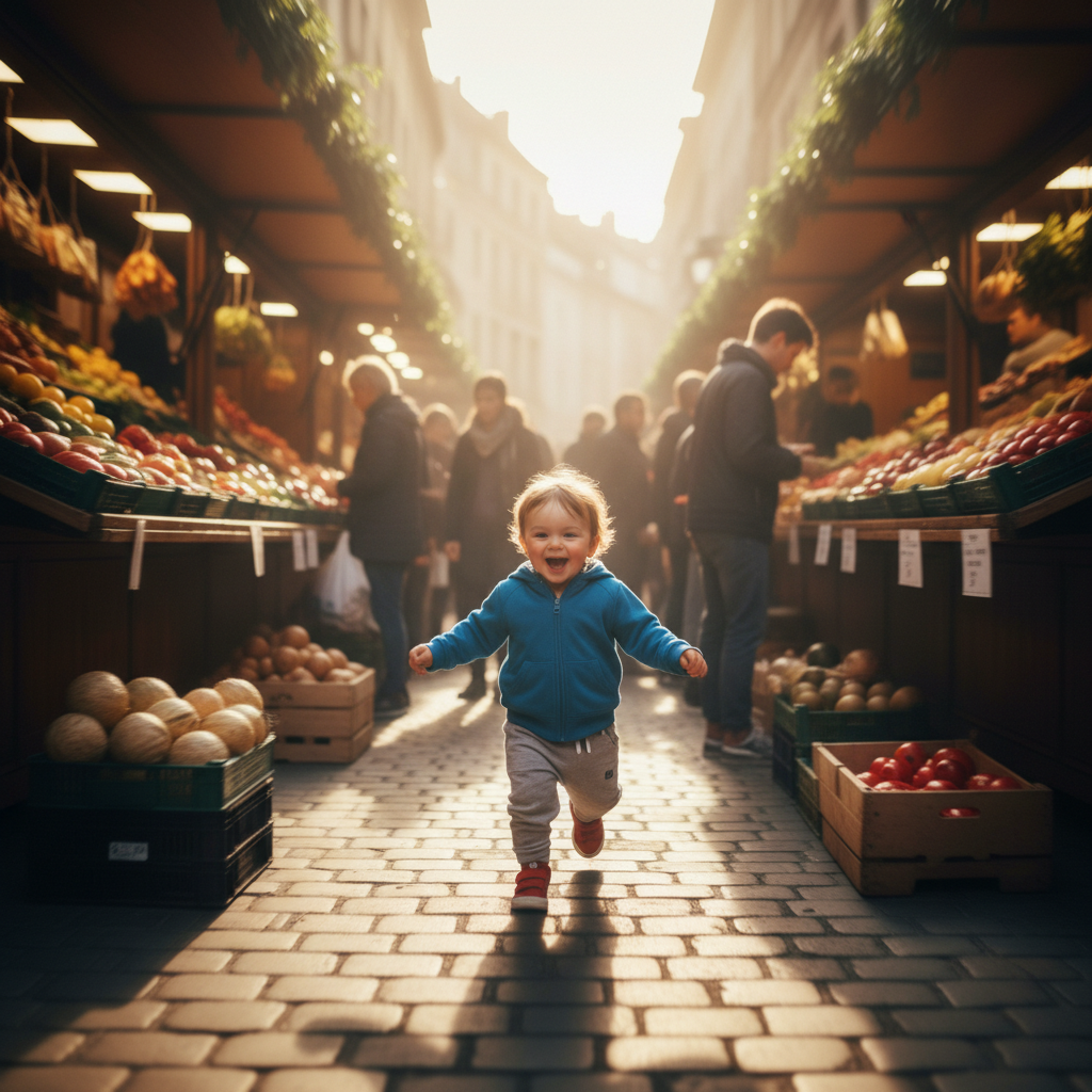 Dynamische Szene eines Kleinkindes, das durch einen überfüllten Markt rennt, symbolisierend die Wichtigkeit eines Kinder Laufgeschirr zur Sicherheit in belebten Umgebungen.
