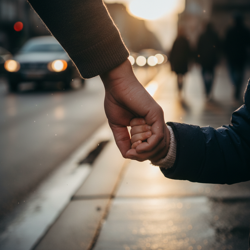 Nahaufnahme von Erwachsenen- und Kinderhänden, die sich an einer belebten Straße festhalten, visuelle Darstellung der notwendigen Verbindung und Kontrolle durch ein Kinder Laufgeschirr.