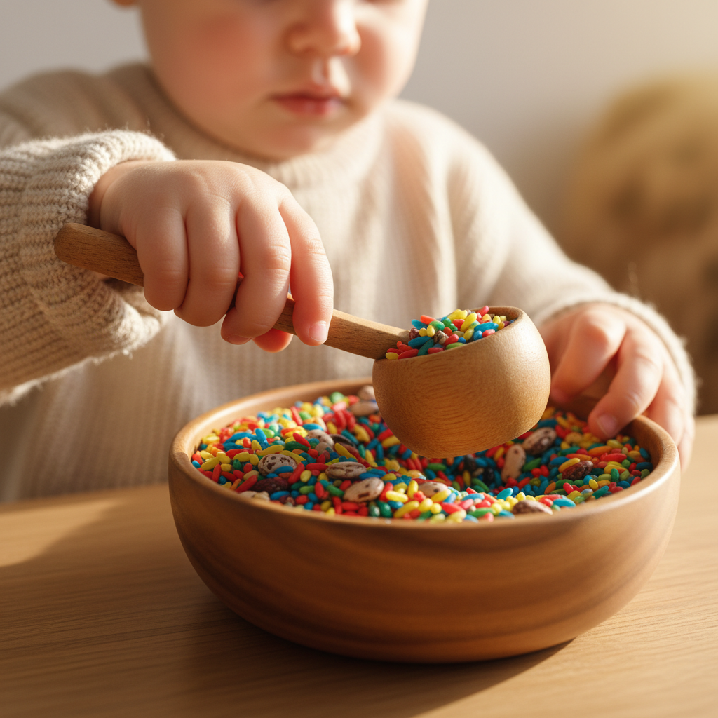 Nahaufnahme von Kleinkindhänden, die konzentriert bunten Reis aus einer Schale schöpfen, ideal zur Förderung der Feinmotorik und Konzentration beim Sensory Play.