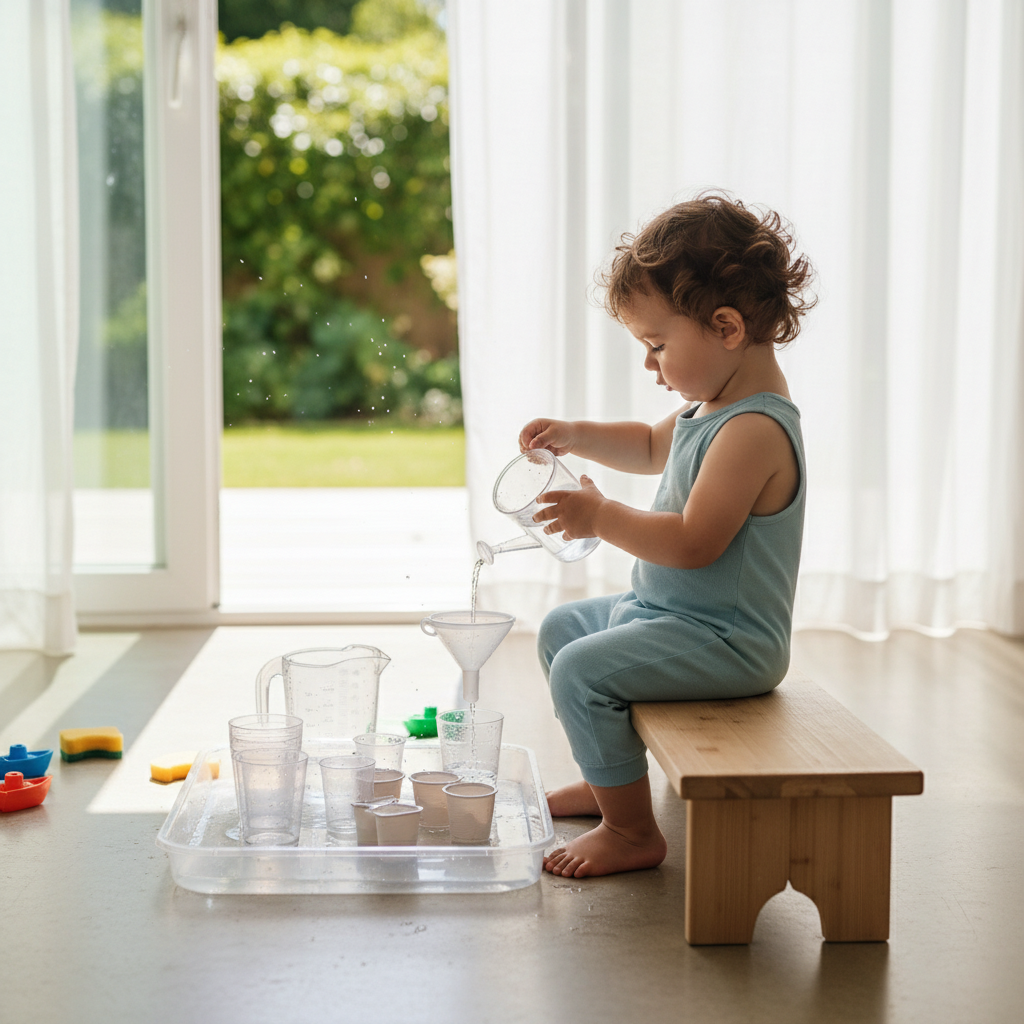 Ein Kleinkind beschäftigt sich selbstständig mit dem Gießen und Transferieren von Wasser mithilfe einfacher Werkzeuge, ein praktisches Beispiel für effektives Sensory Play mit Alltagsgegenständen.
