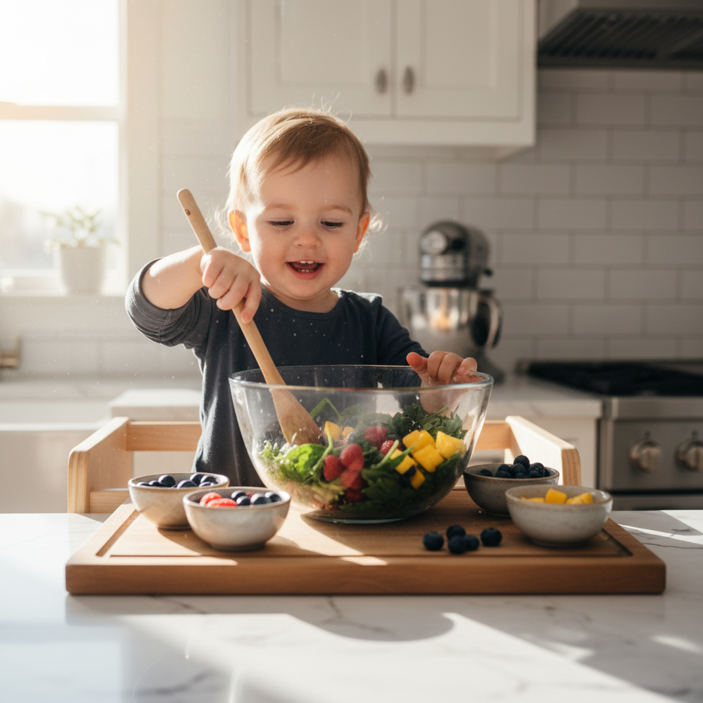 Fröhliches Kind, das auf einem Lernturm stehend seine eigenen Zutaten für die DIY Smoothie-Station Kleinkinder auswählt.