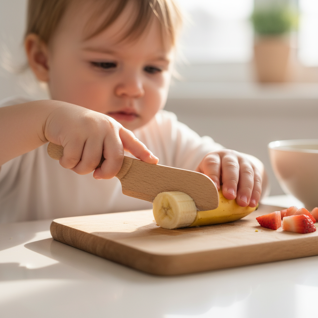 Nahaufnahme von Kleinkinderhänden, die mit einem Sicherheitsmesser Obst schneiden, als Teil des Aufbaus der Smoothie-Station Kleinkinder.