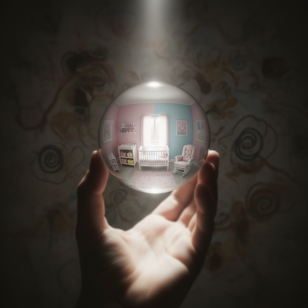 Metaphorische Darstellung des Gentle Parenting Perfektionsdrucks: Eine fragile, perfekte Blase im Kontrast zur chaotischen Realität des Elternalltags.
