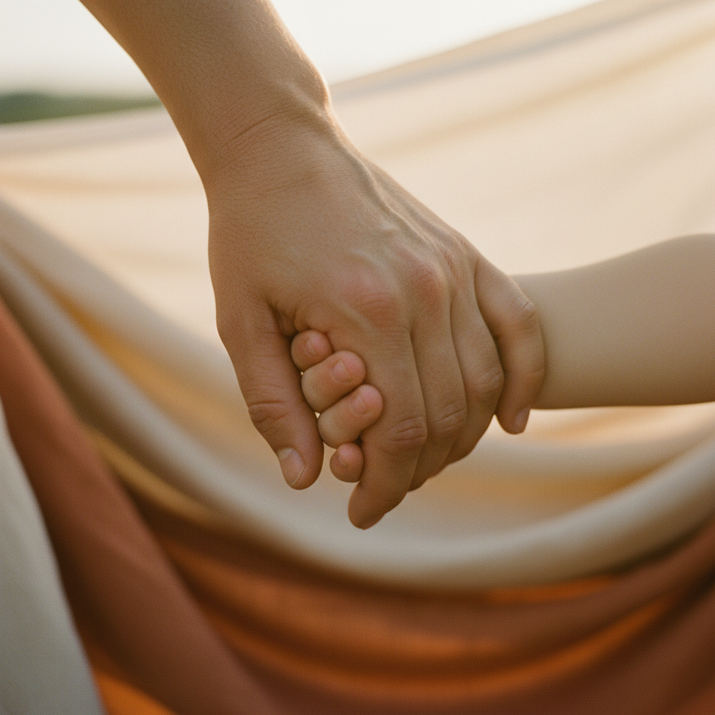 Nahaufnahme einer verbindenden Geste zwischen Eltern- und Kinderhand, die pragmatisches Gentle Parenting und mentale Freiheit symbolisiert.