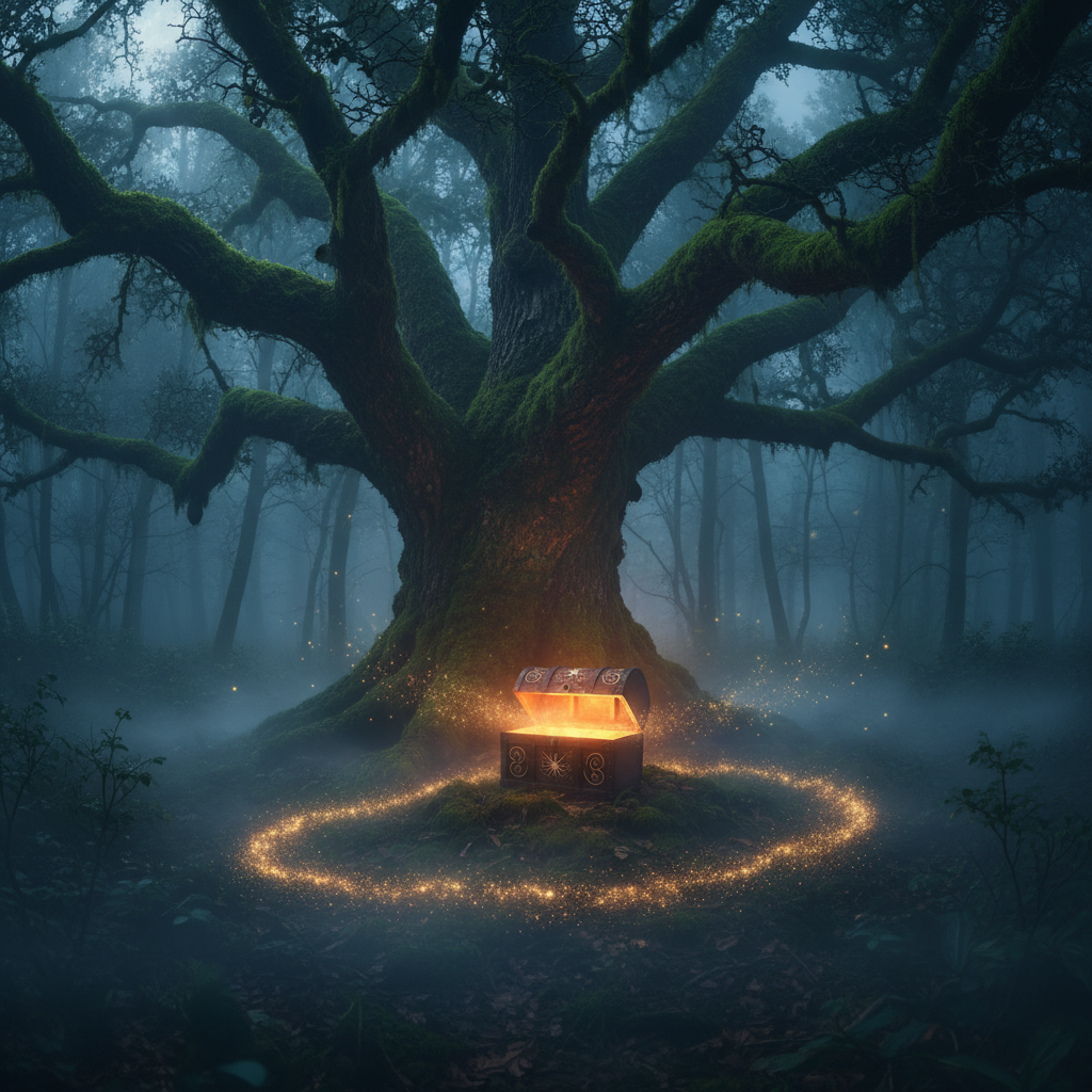 Eine mystische Szene bei Nacht, in der eine kleine, leuchtende Schatztruhe unter einem Baum liegt, die den feierlichen Schnuller-Abschied durch ein liebevolles Ritual symbolisiert.