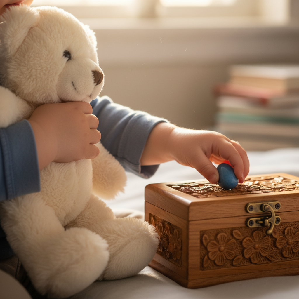 Nahaufnahme eines Kindes, das einen neuen Kuschelfreund hält und gleichzeitig einen Gegenstand in eine dekorierte Holzkiste legt, was die erfolgreiche Übergabe beim Schnuller-Abschied darstellt.