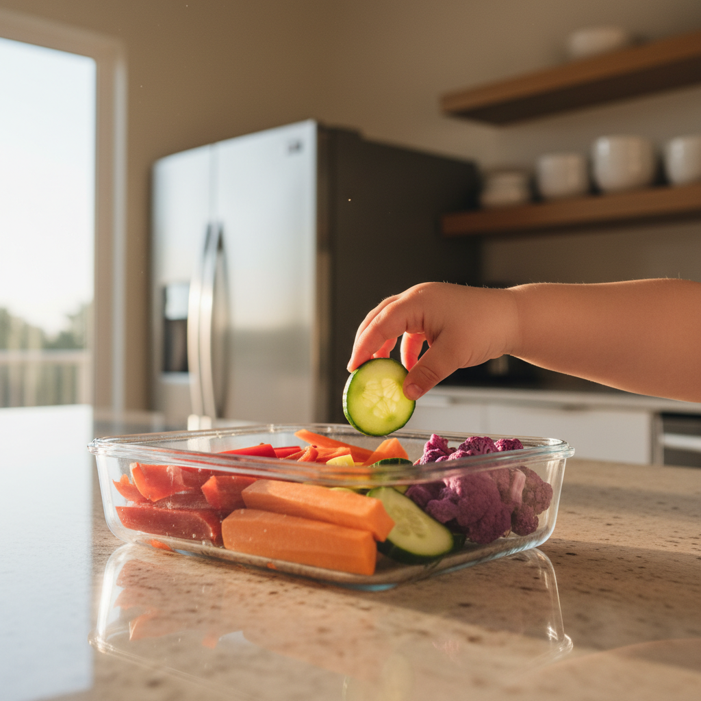 Nahaufnahme von kleinen Händen, die beim Meal Prep mit Kleinkindern in einer modernen Küche geschnittenes Gemüse in Vorratsbehälter sortieren, symbolisierend Organisation und Stressabbau.