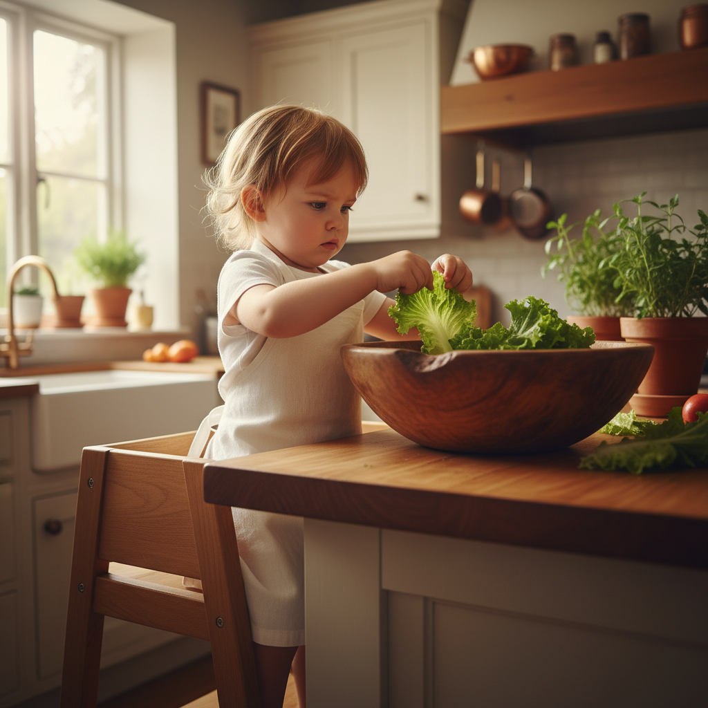 Ein Kleinkind steht sicher auf einer erhöhten Plattform auf Augenhöhe mit der Arbeitsplatte (Lernturm-Prinzip) und reißt konzentriert Blattsalat für das wöchentliche Meal Prep mit Kleinkindern.
