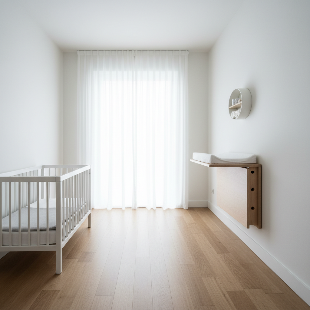Minimalistisches, helles Babyzimmer, das durch einen klappbaren Wandwickeltisch extrem viel Platz spart und offene Fläche schafft.