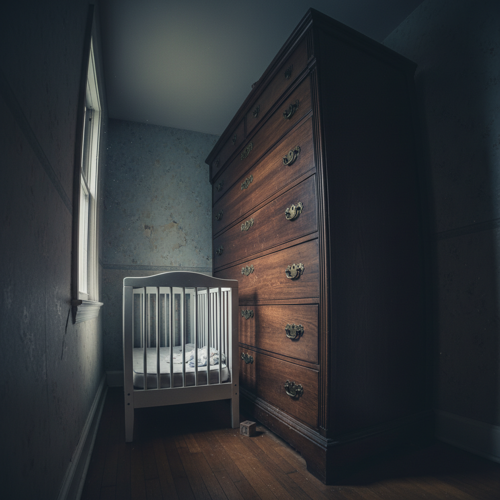 Enger Gang zwischen einem Gitterbett und einer massiven Wickelkommode, der den Alltagsstress beim Windelwechsel ohne Wandwickeltisch symbolisiert.