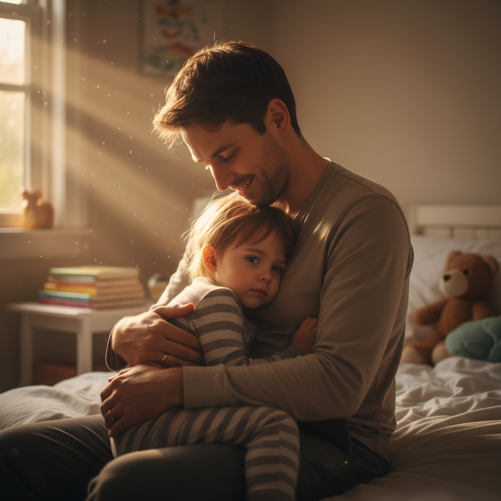 Ein beruhigendes Bild eines Kindes, das friedlich im Arm eines Elternteils in einem abgedunkelten Raum liegt, stellvertretend für den Erfolg des Butter-Hack Kinderschlaf Rituals.