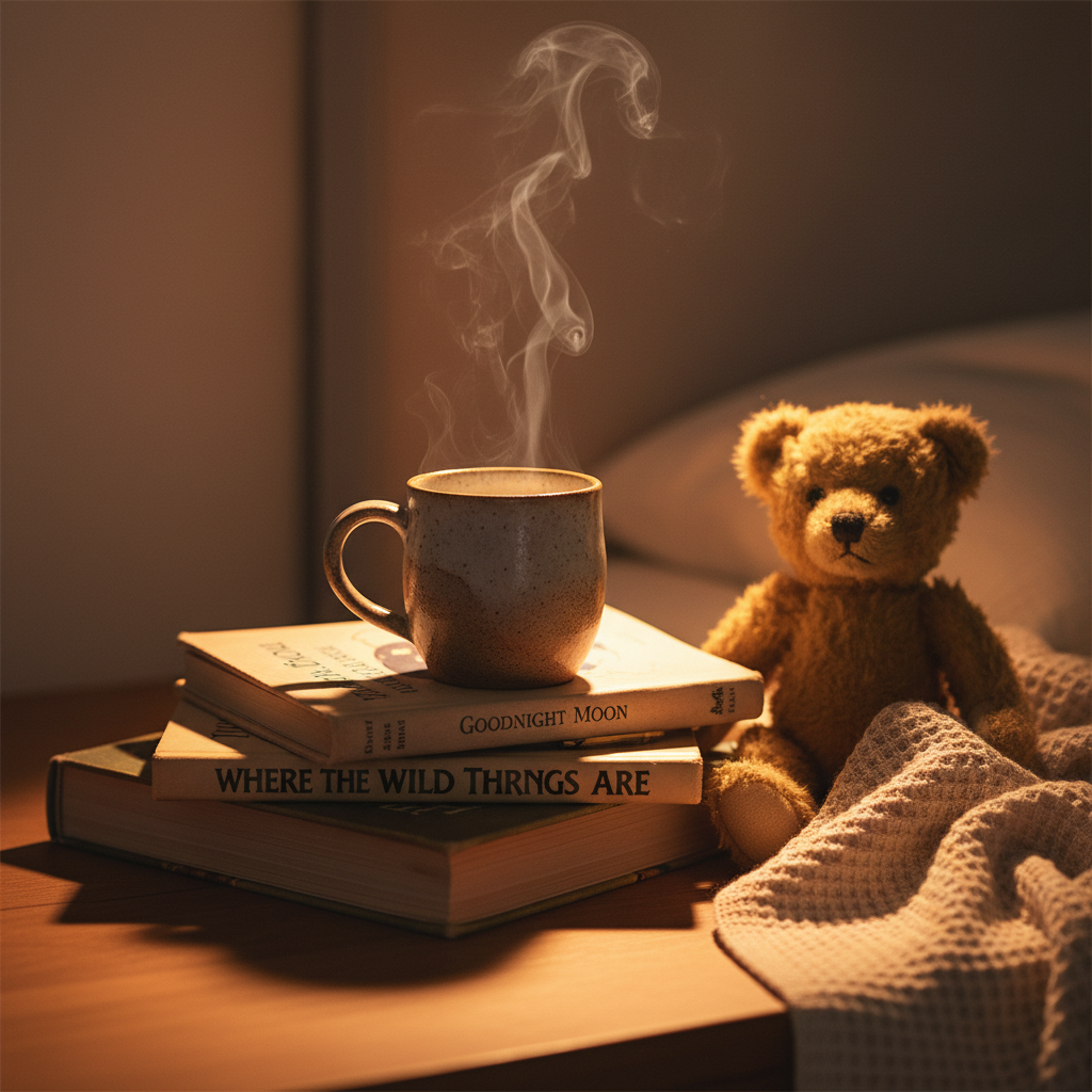 Nahaufnahme einer warmen Tasse Milch neben einem Kuscheltier und Büchern, die die essenzielle Abendroutine für den entspannten Kinderschlaf symbolisieren.