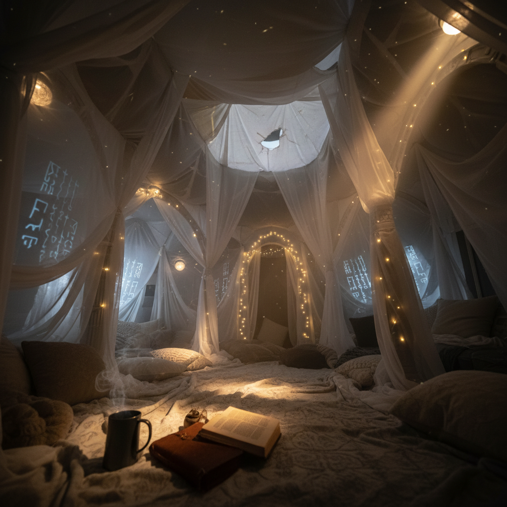 Großes, magisches Decken-Fort in einem gemütlichen Wohnzimmer, beleuchtet durch warme Lichter, das die Fantasie und die kreativen Spielideen für Zuhause symbolisiert und zum Spielen einlädt.