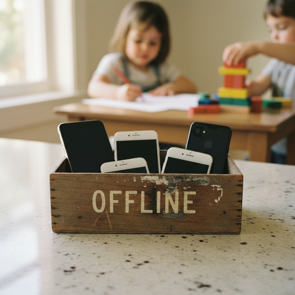 Nahaufnahme einer Handy-Box in der Küche, die eine physische Barriere für den erfolgreichen Familien-Digital-Detox darstellt.