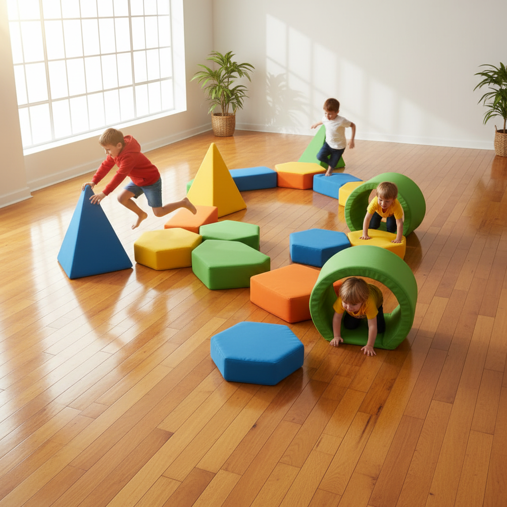 Darstellung eines farbenfrohen Indoor-Parcours aus Kissen und weichen Elementen auf einem Holzboden, der die besten kreativen Spielideen für Zuhause visualisiert und die Motorik fördert.