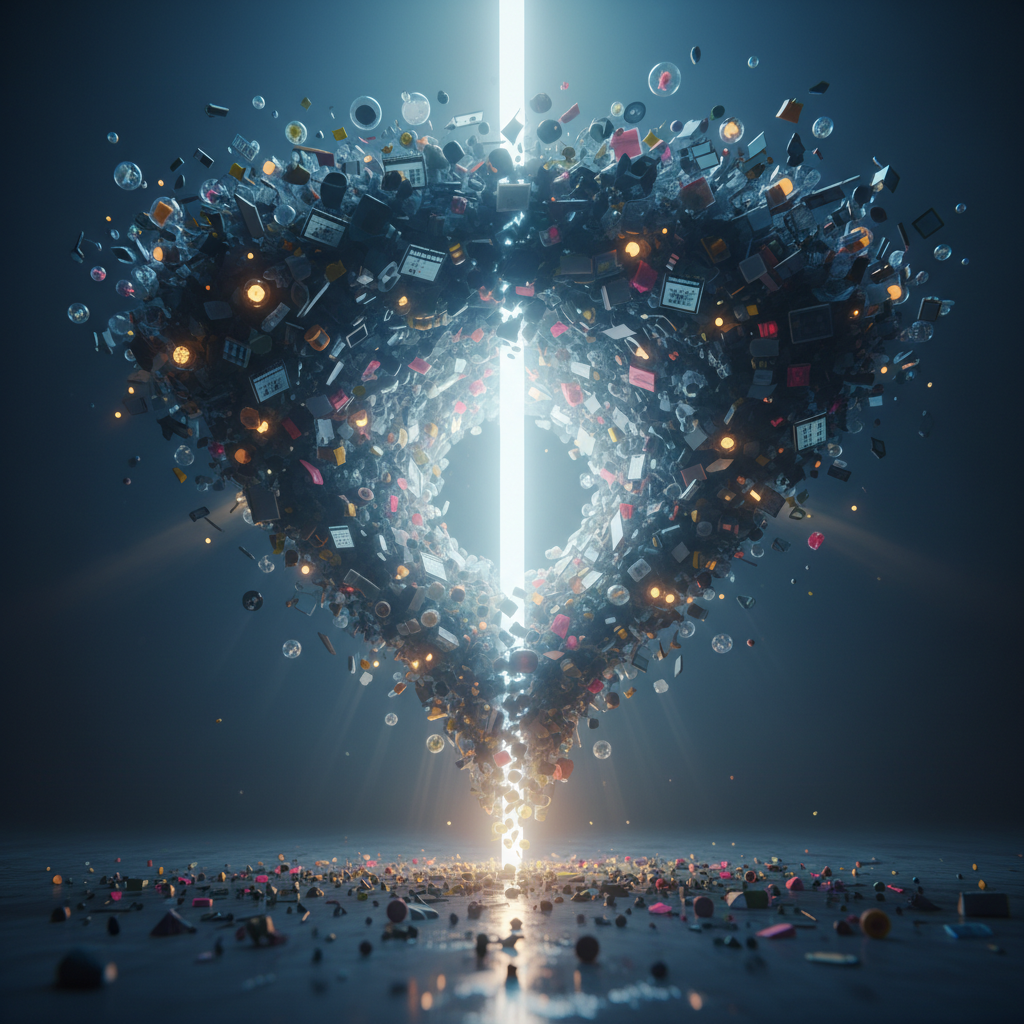 Visuelle Metapher für den reduzierten Mental Load durch KI im Familienalltag: Ein chaotischer Wirbel aus Gedanken und Aufgaben wird von einem klaren Lichtstrahl der Lösung durchbrochen.