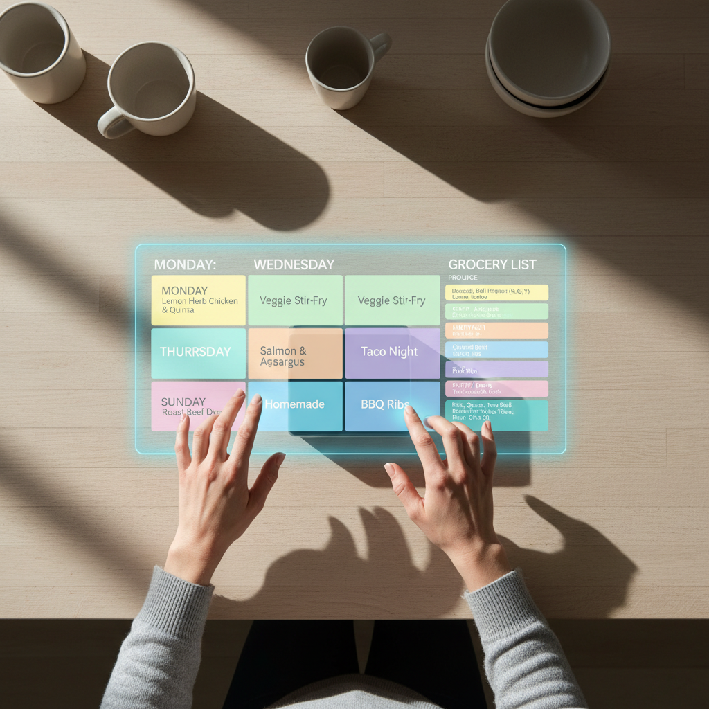 Nahaufnahme von Händen, die einen perfekt organisierten Wochenplan und eine sortierte Einkaufsliste mithilfe von KI im Familienalltag digital generieren lassen.