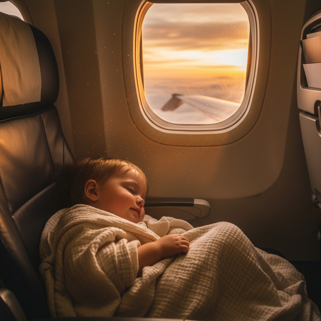 Ein friedlich schlafendes Kind auf einem Flugzeugsitz, umhüllt von einer Decke, während draußen die goldene Stunde leuchtet. Der perfekte Abschluss einer entspannten Flugreise mit Kind.
