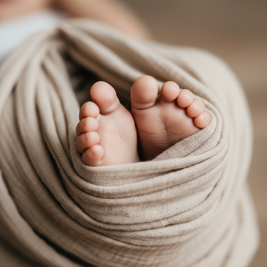 Makroaufnahme von kleinen Kinderfüßen, die in einem weichen, stabilen Stoff ruhen, was den Schal-Trick und die Fußstütze auf der Flugreise mit Kind symbolisiert.