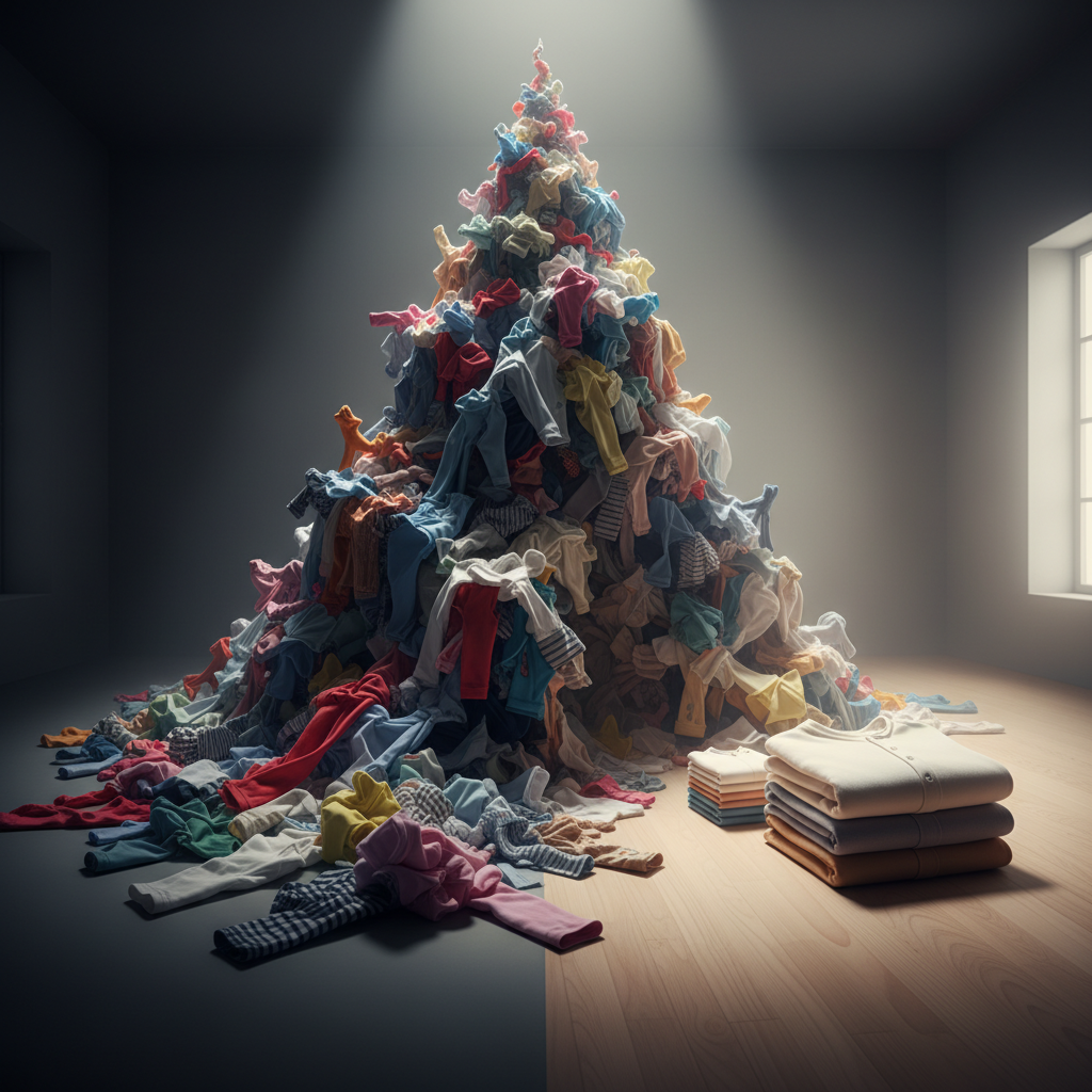 Symbolische Darstellung der Reduzierung von Wäsche-Chaos hin zu Ordnung und Minimalismus, passend zum Konzept der minimalistischen Capsule Wardrobe Kinder.