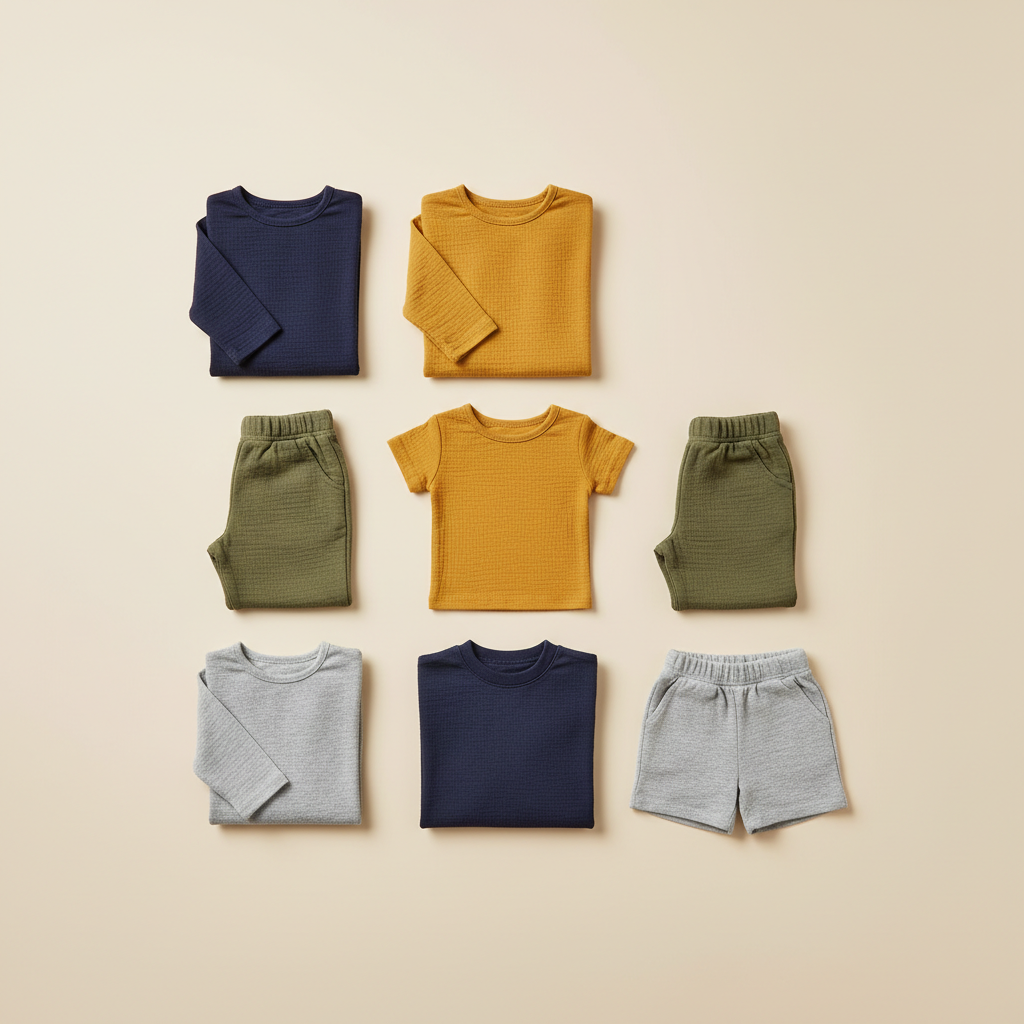Flat Lay Ansicht einer kleinen, perfekt organisierten Auswahl an Basics, welche die Einfachheit der 7-Teile Capsule Wardrobe Kinder veranschaulicht.