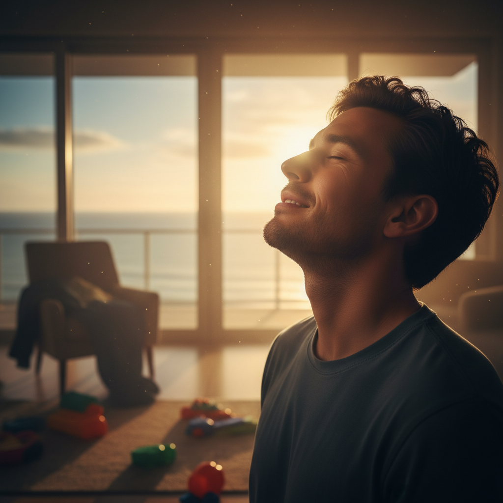 Emotionales Bild einer entspannten Mutter, die Freiheit und Kontrolle über ihren stressigen Familienalltag zurückgewinnt, symbolisiert durch den klaren Blick in die Ferne.