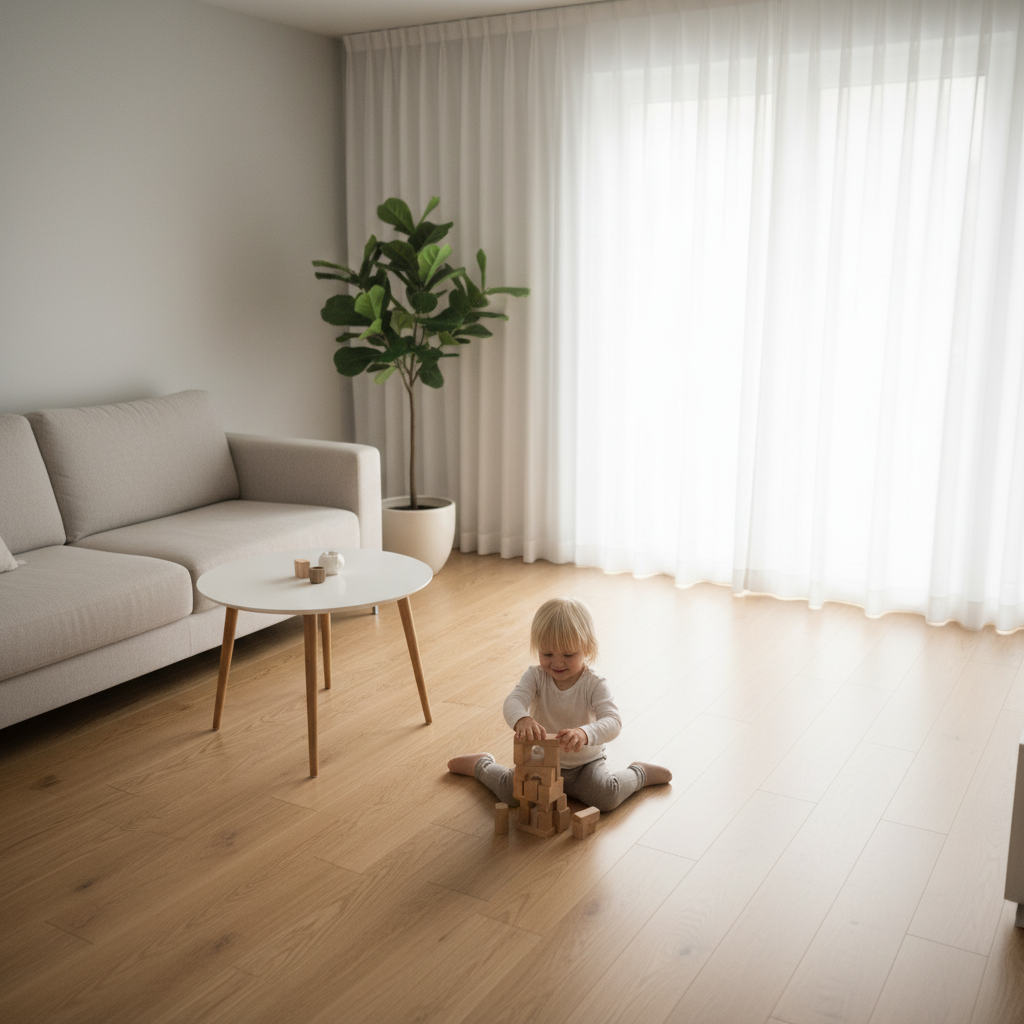 Minimalistisches Interieur, das Ruhe und Sauberkeit darstellt, um die Effektivität von Familienalltag Hacks wie smarten Putzhelfern zu unterstreichen.