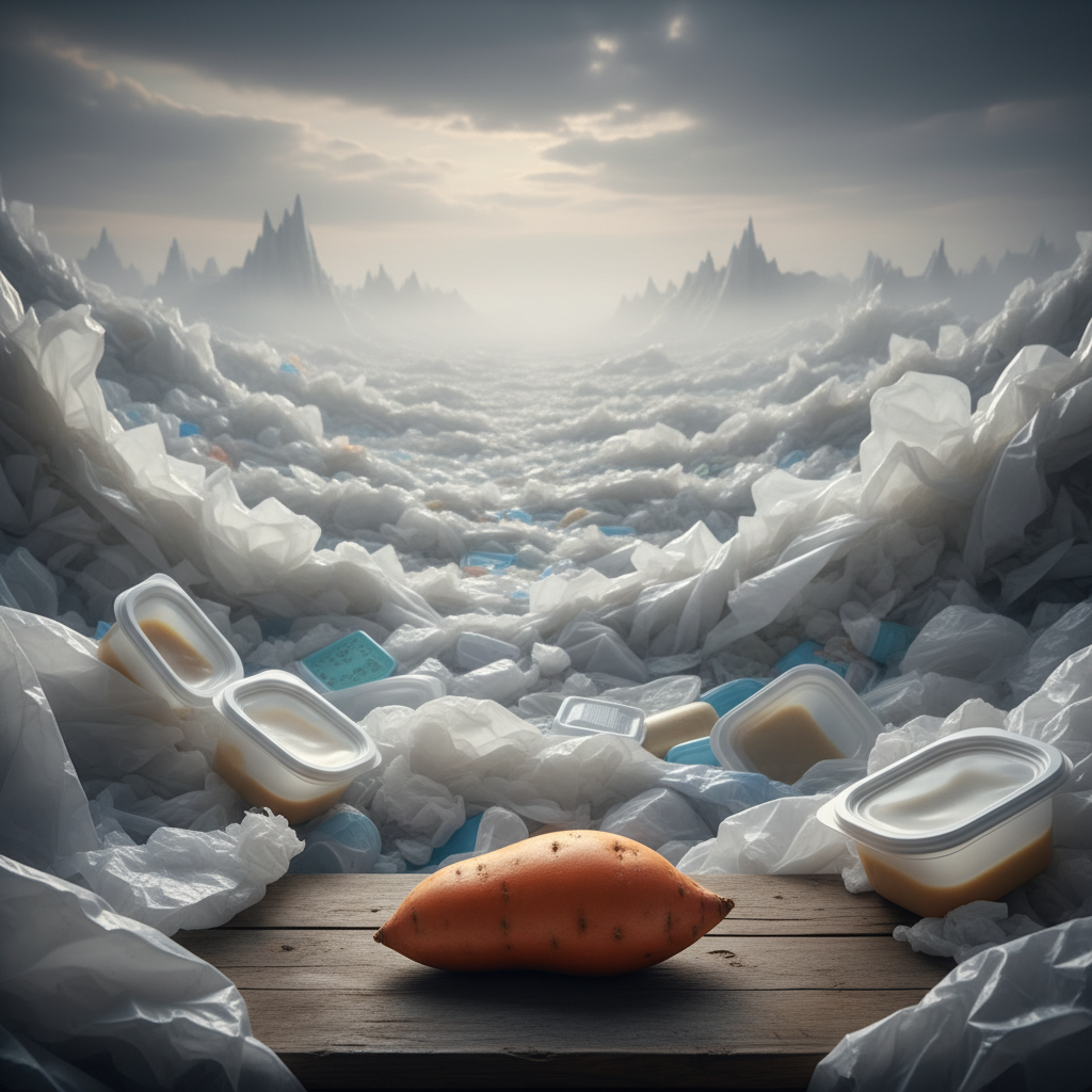Visuell beeindruckende Aufnahme einer einzelnen, frischen Süßkartoffel im Kontrast zu einem verschwommenen Berg aus Plastikmüll, der die Herausforderung der Plastikflut in der Zero-Waste Baby & Kind Ernährung darstellt.