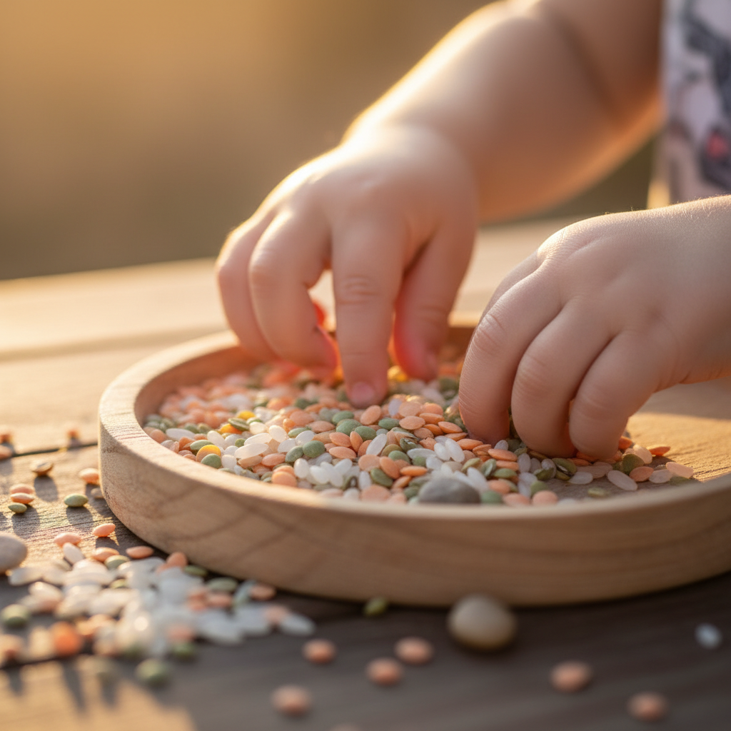 Nahaufnahme von Kleinkinderhänden, die konzentriert Reis in einer Schale schöpfen, was die Vorteile von **Sinnesspielen für Kleinkinder** verdeutlicht.
