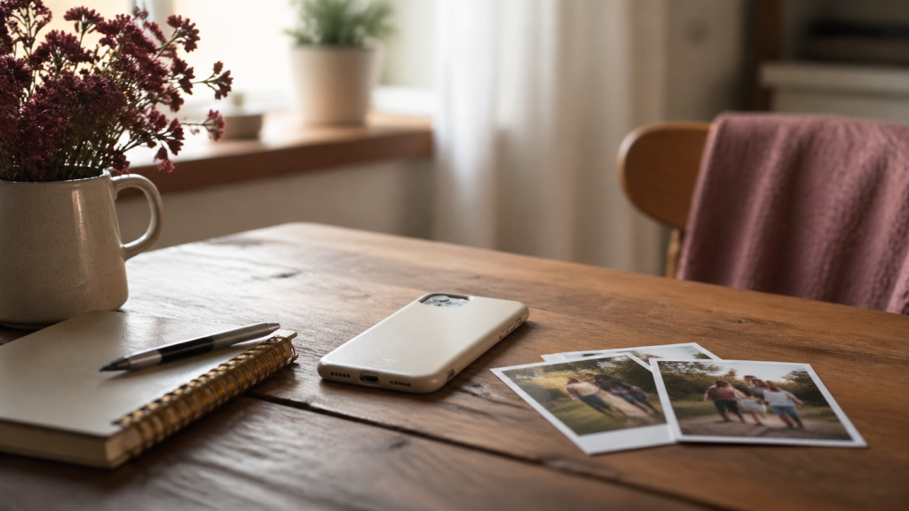 Ruhiger Tisch mit ausgedruckten Familienfotos und Smartphone beiseite, nachdenkliche Alltagsstimmung.